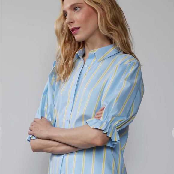 New York & Company Blue and White Puff Sleeve Button Down SIZE M NWT - Picture 2 of 4